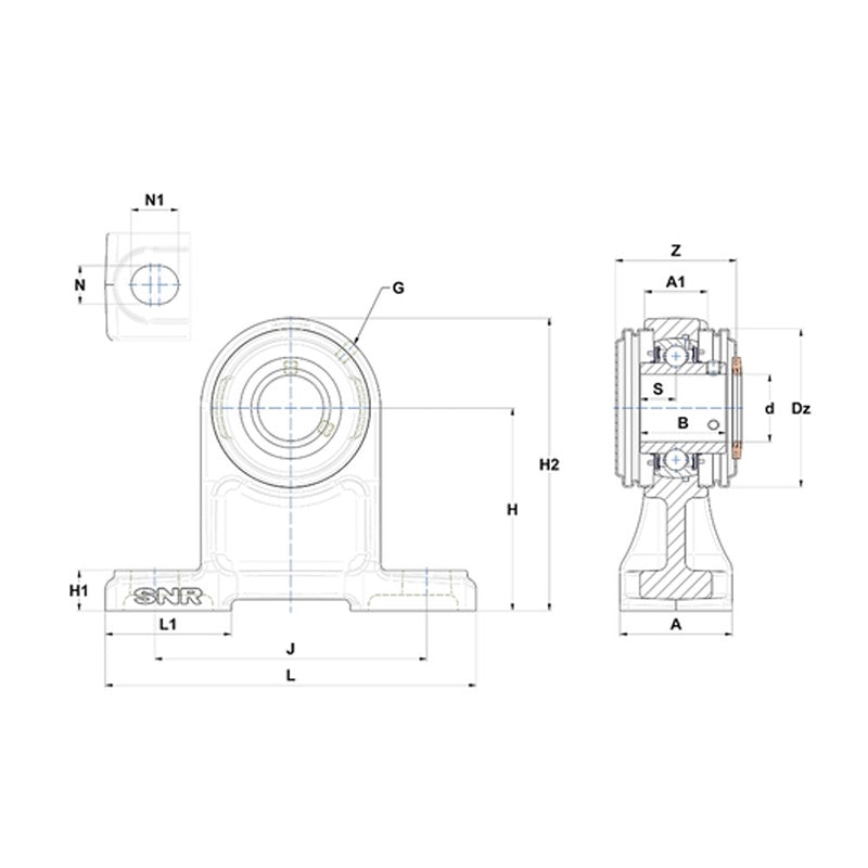 SNR USPH205CO Metric Cast Iron High Centre Height Two Bolt Pillow / Plummer Block Housing with 25mm Bore Insert with Narrow Steel Plate Cover - Open Version - Allow 2-3 Days