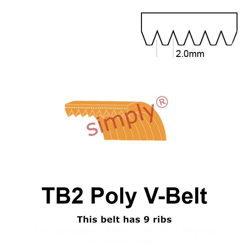 TB2-380 Megadyne Megarib Polyurethane Poly V-Belt 380mm/15 inch Length - 9 Ribs