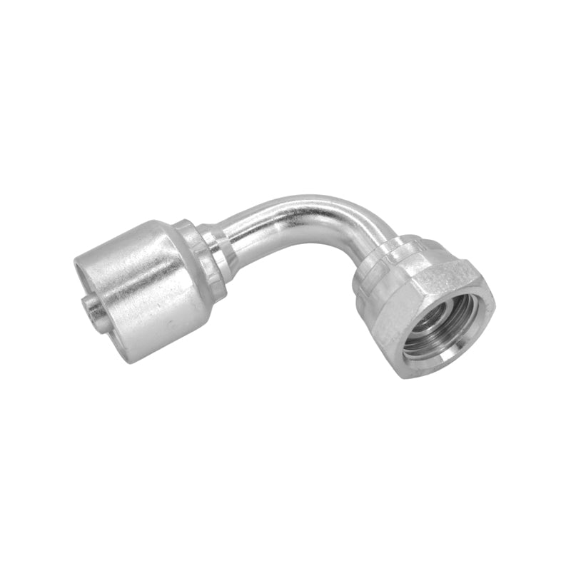 FLEXEQUIP 1/2 inch BSP Female One Piece Hose Fitting with 90 Degree Angle 60 Degree Cone and 27mm Crimp Nut - Allow 2-3 Days