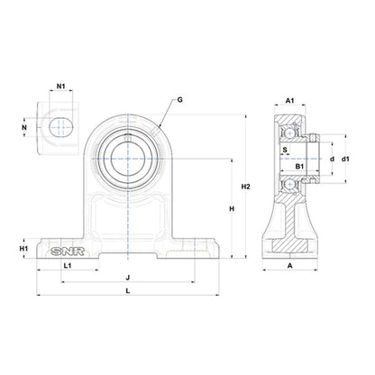 SNR ESPH203 Metric Cast Iron High Centre Height Two Bolt Pillow / Plummer Block Housing with 17mm Bore Eccentric Collar Insert - Allow 2-3 Days