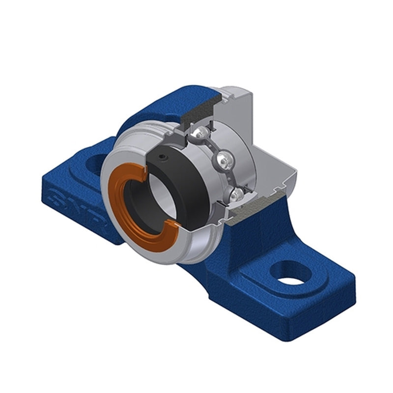 SNR EXP202COE Metric Cast Iron Two Bolt Pillow / Plummer Block Housing with 15mm Eccentric Collar Insert with Wide Steel Plate Cover - Open Version - Allow 2-3 Days
