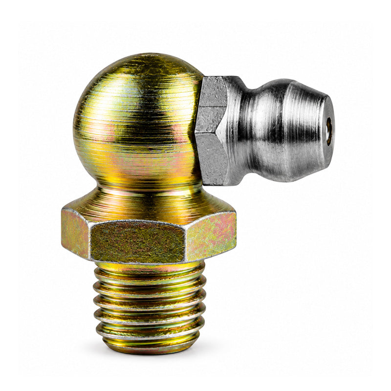 1/4x28 SAE-LT Hardened Mild Steel Zinc Plated 90 deg Hydraulic Grease Nipples 