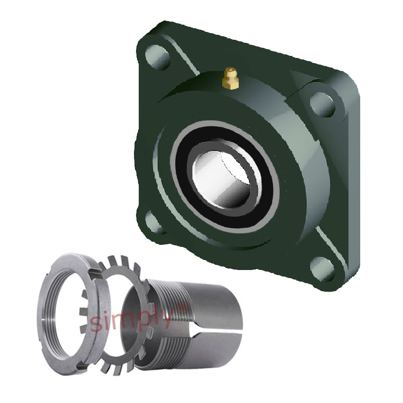 NTN UKF320D1/HA2320 Imperial Four Bolt Square Cast Iron Housing Insert and Adaptor Sleeve Fits 3-7/16 inch Shaft - Allow 2-3 Days