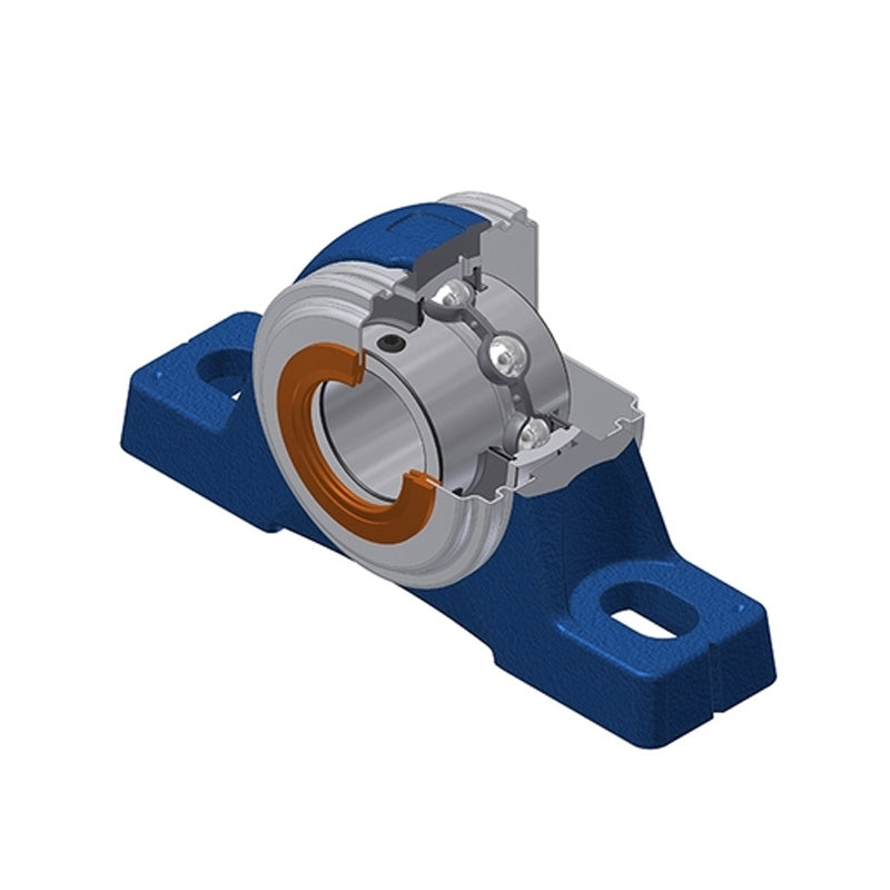 SNR UCPE203CO Metric Cast Iron Two Bolt Pillow / Plummer Block Housing with 17mm Bore Insert with Narrow Steel Plate Cover - Open Version - Allow 2-3 Days