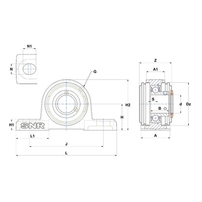 SNR USP212CC Metric Cast Iron Two Bolt Pillow / Plummer Block Housing with 60mm Bore Insert with Narrow Steel Plate Cover - Closed Version - Allow 2-3 Days