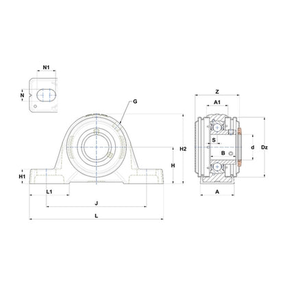 SNR USPE204CC Metric Cast Iron Two Bolt Pillow / Plummer Block Housing with 20mm Bore Insert with Narrow Steel Plate Cover - Closed Version - Allow 2-3 Days