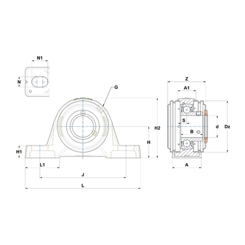 SNR USPE205CO Metric Cast Iron Two Bolt Pillow / Plummer Block Housing with 25mm Bore Insert with Narrow Steel Plate Cover - Open Version - Allow 2-3 Days