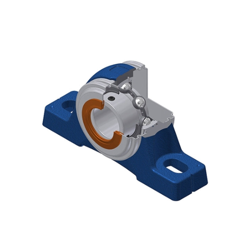 SNR USPE205CO Metric Cast Iron Two Bolt Pillow / Plummer Block Housing with 25mm Bore Insert with Narrow Steel Plate Cover - Open Version - Allow 2-3 Days