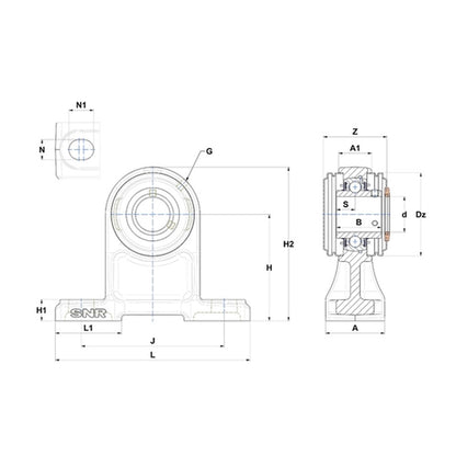 SNR USPH205CO Metric Cast Iron High Centre Height Two Bolt Pillow / Plummer Block Housing with 25mm Bore Insert with Narrow Steel Plate Cover - Open Version - Allow 2-3 Days